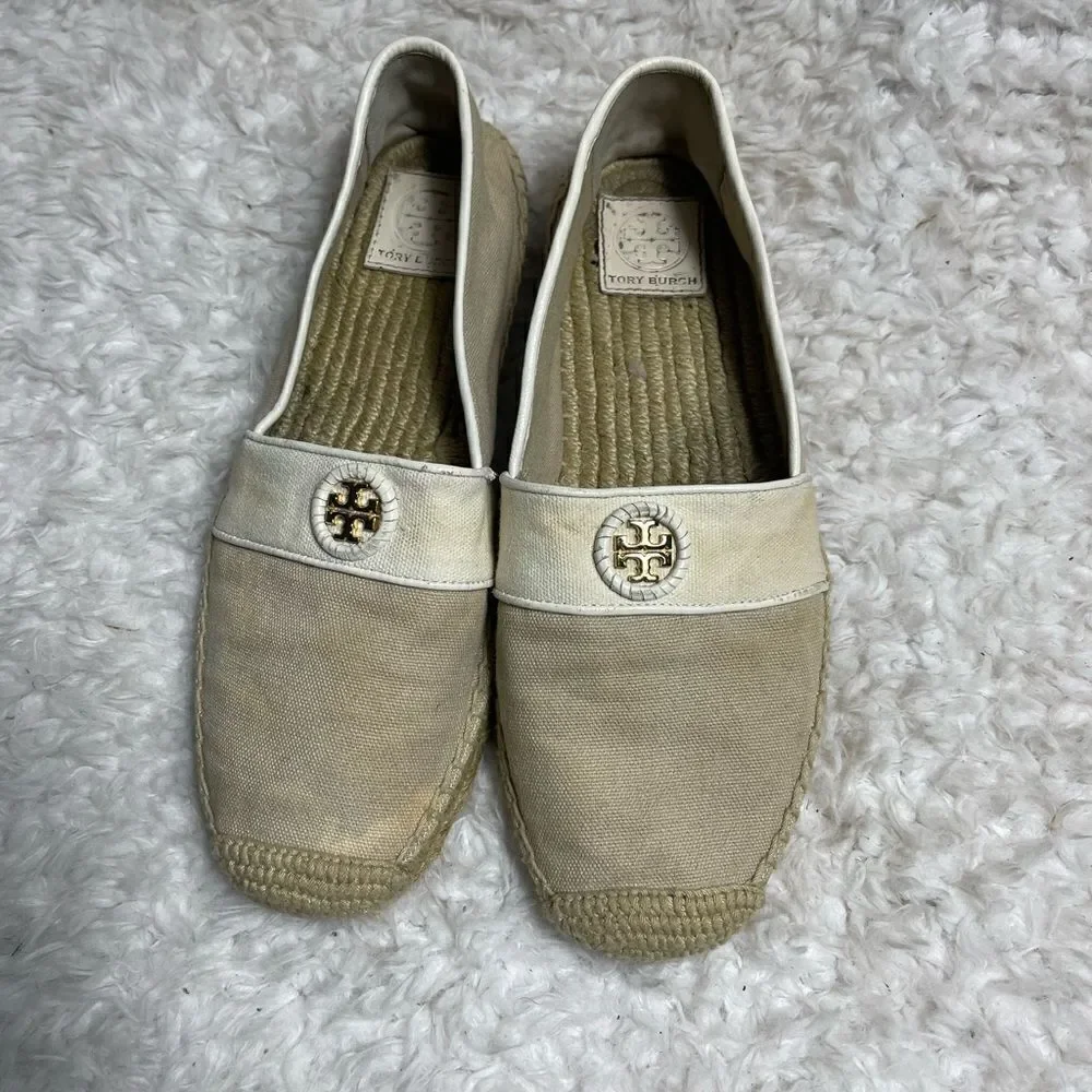 Tory Burch Canvas Khaki & beige espadrilles slip on gold tone logo accent SZ9.5